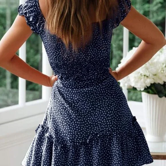 π Blue Floral Smocked Ruffle Mini Dress | S - Picture 3 of 4